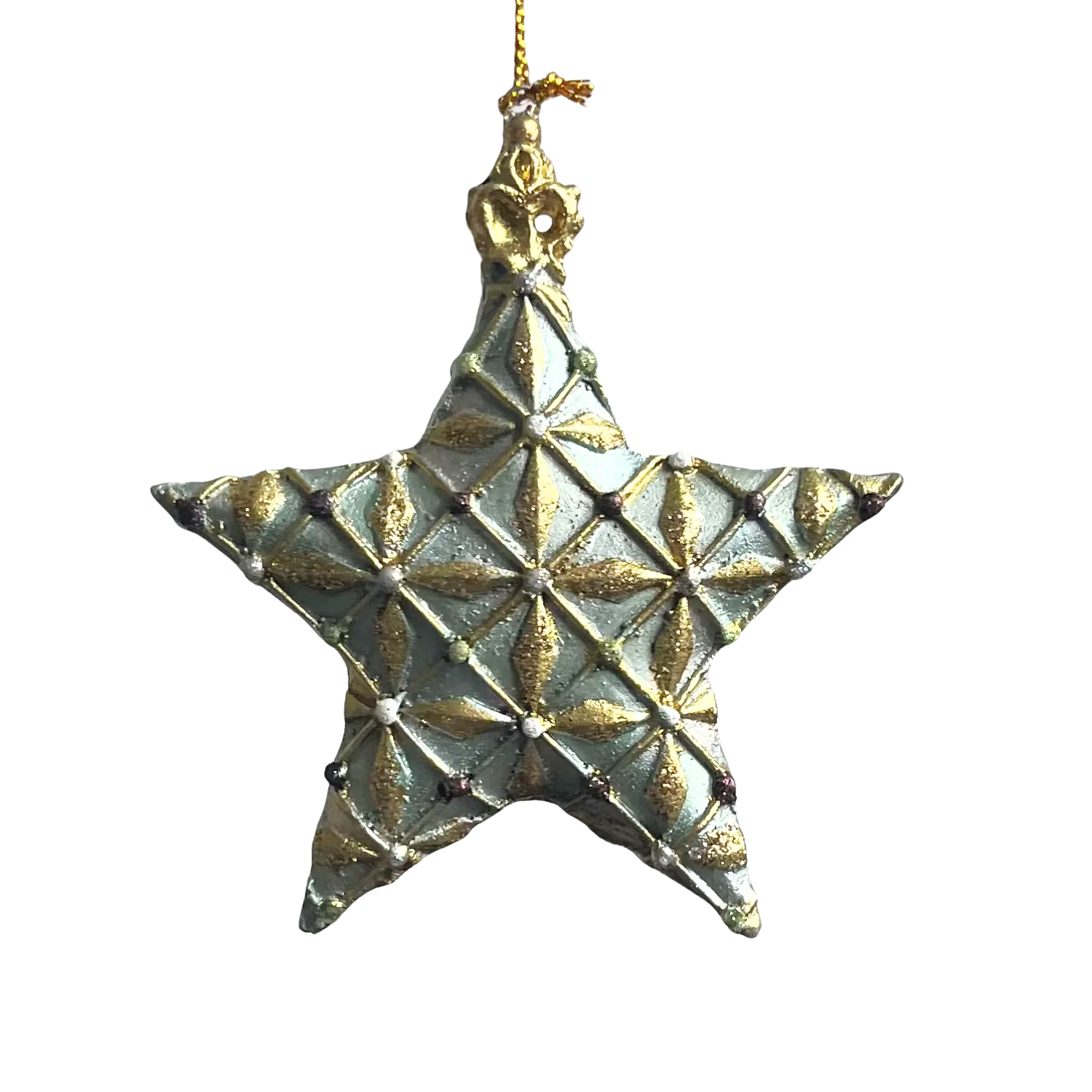 Geometric Patterned Star Holiday Ornament in Green and Gold