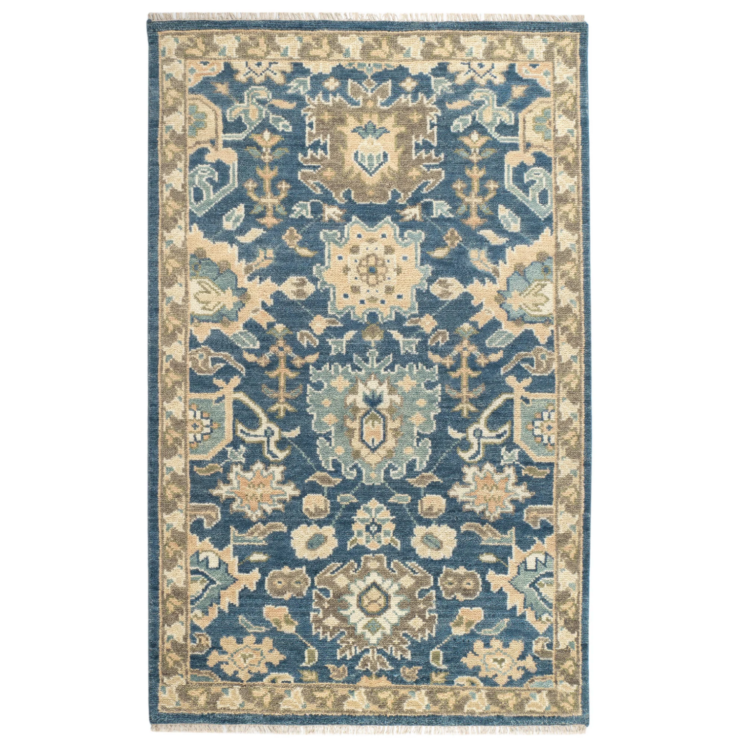 Decorative rug with blue and beige pattern on a white background