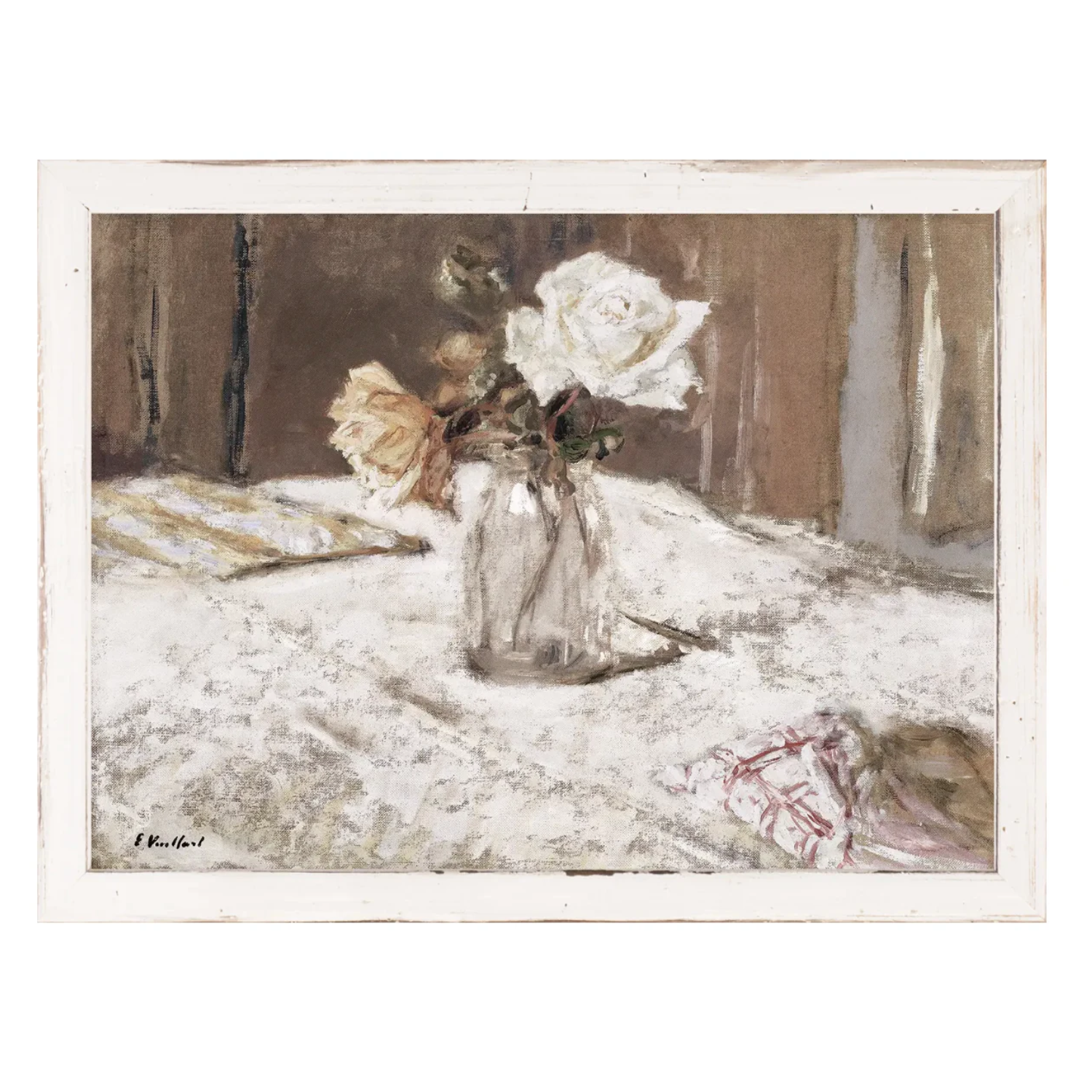 Framed artwork of a still life with flowers and a vase on a textured surface.
