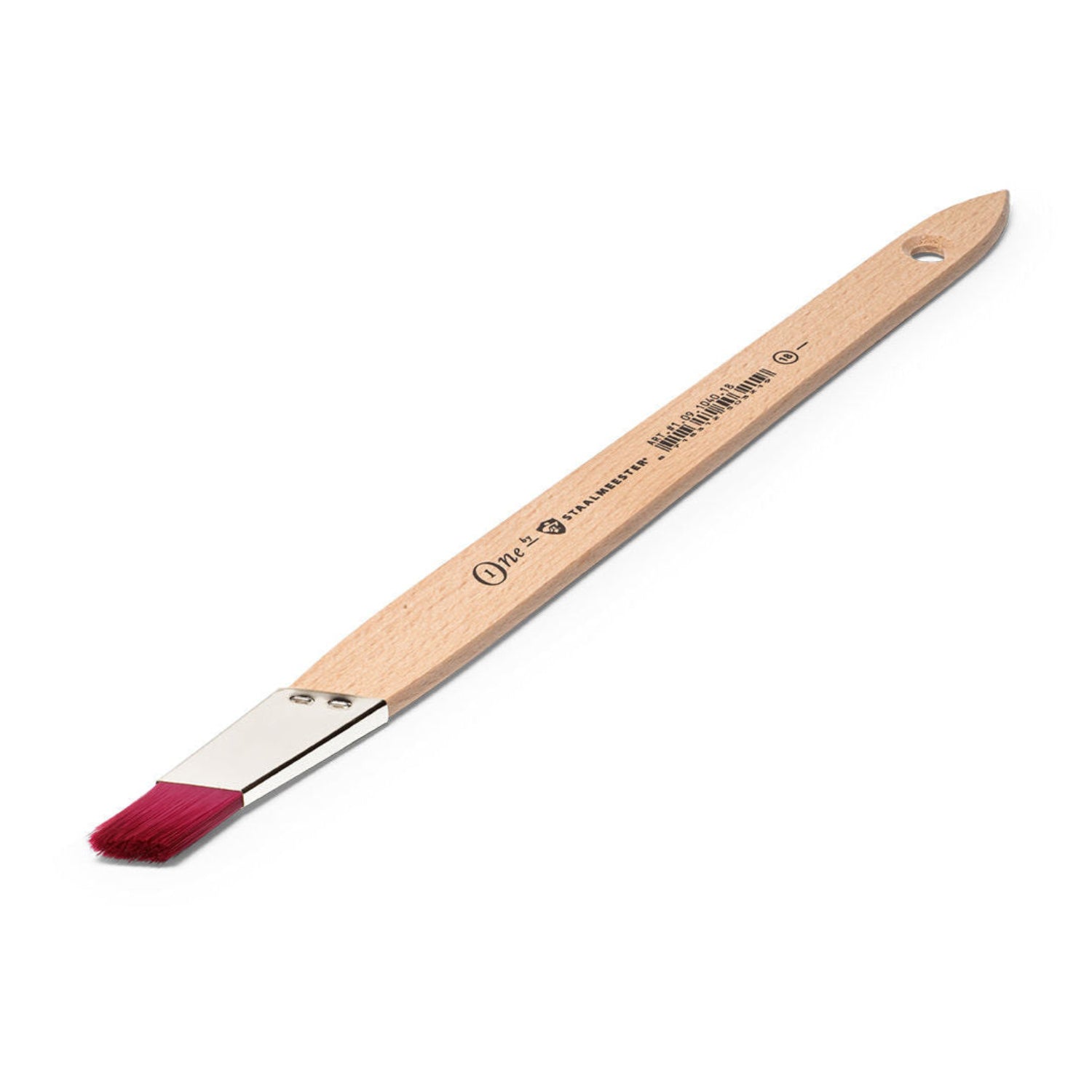 Paintbrush with red bristle tip and wooden handle on a white background