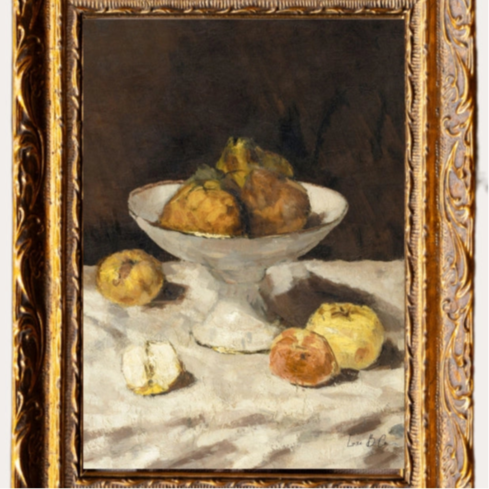Framed still life painting with apples and a bowl on a white background