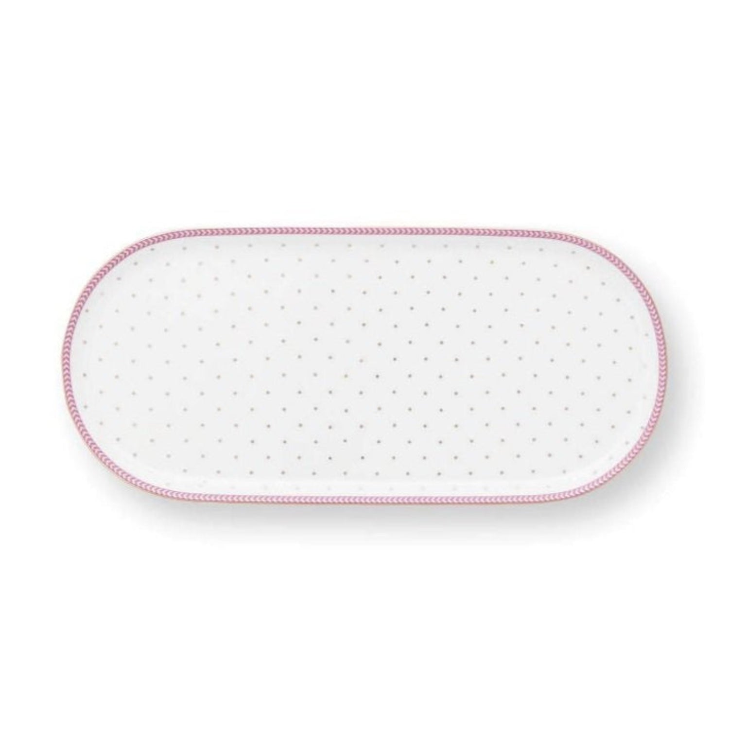 Rectangular white trayu with a pink border on a white background