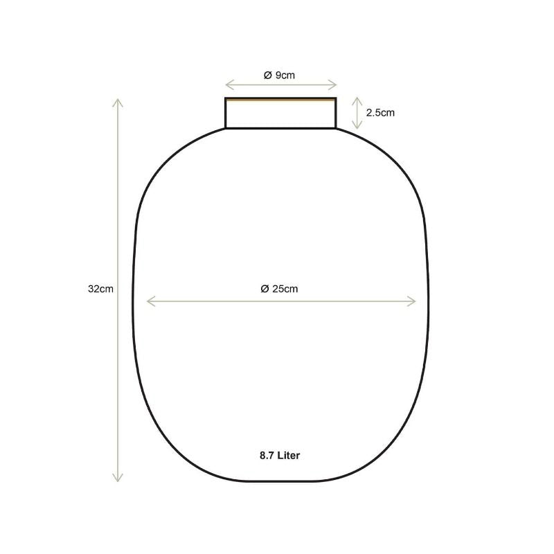Measurement chart of a cylindrical container with dimensions on a white background