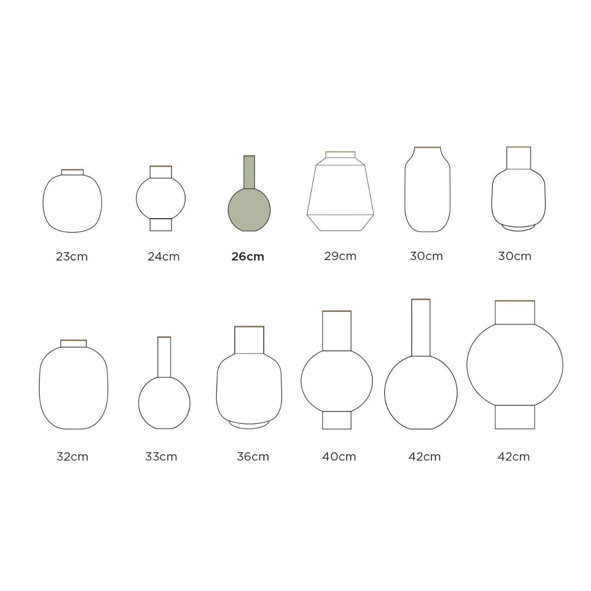 Illustrations of various vases with labeled dimensions on a white background