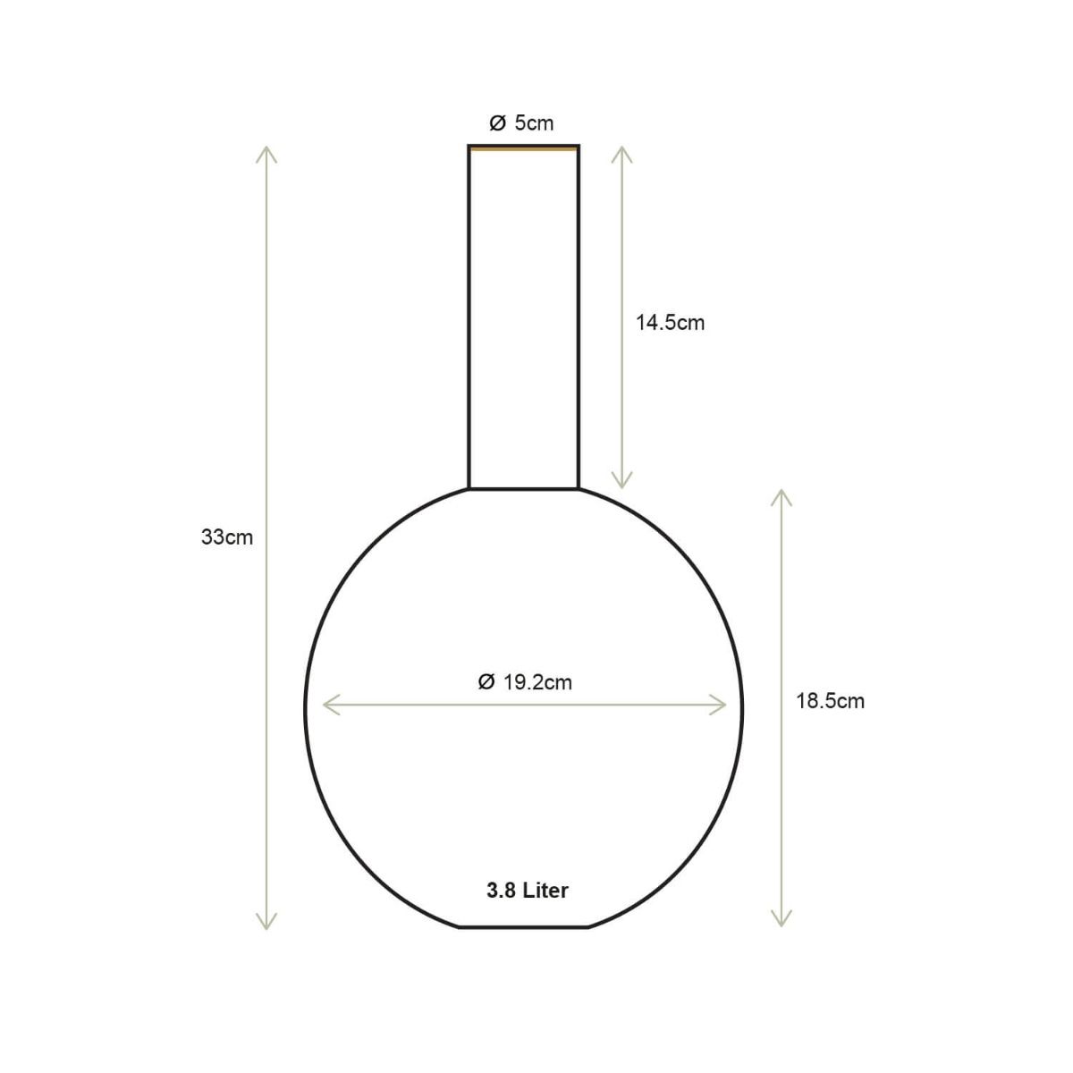 Measurement chart of a round container with dimensions on a white background
