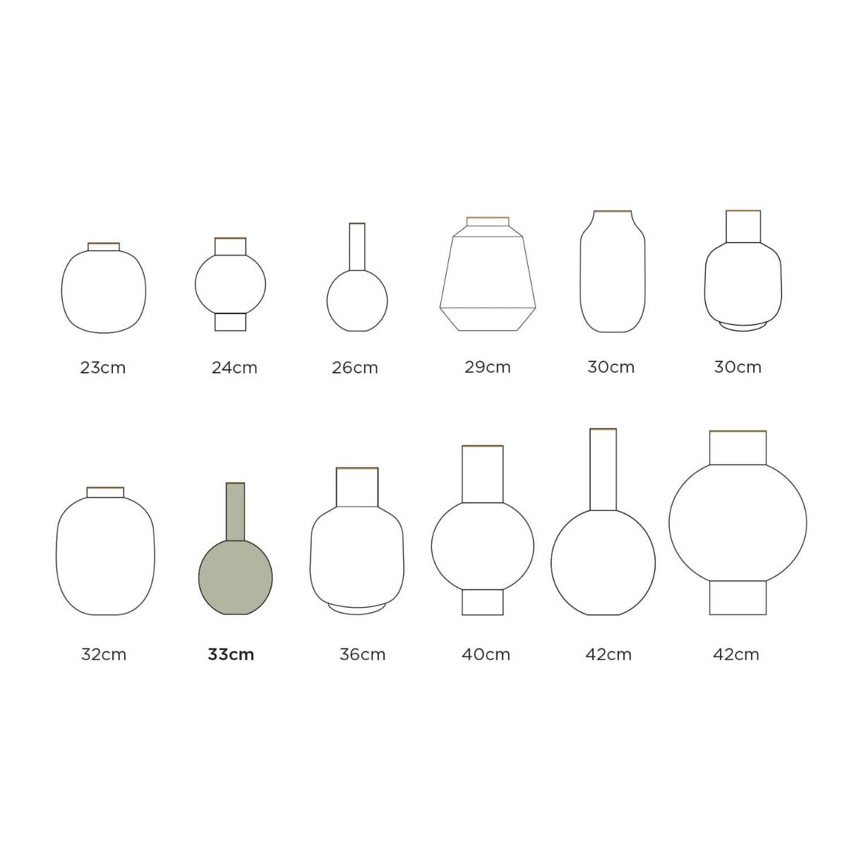 Set of line drawings of vases with labeled dimensions on a white background