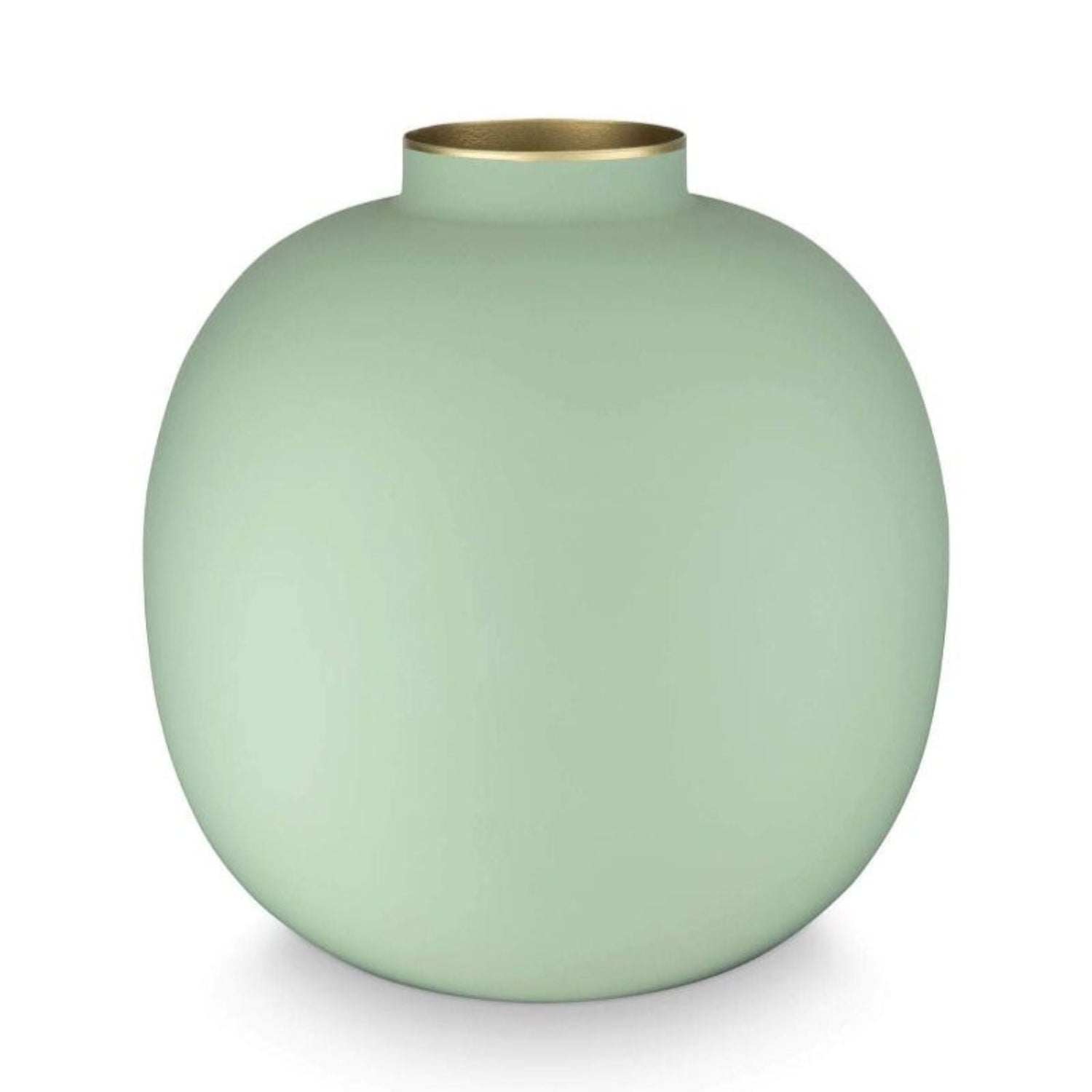 Green vase with a gold rim on a white background