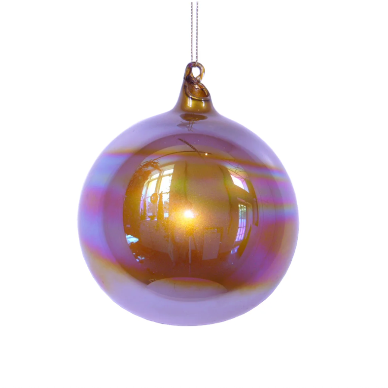 Decorative glass ball ornament with gold and purple swirls on a white background