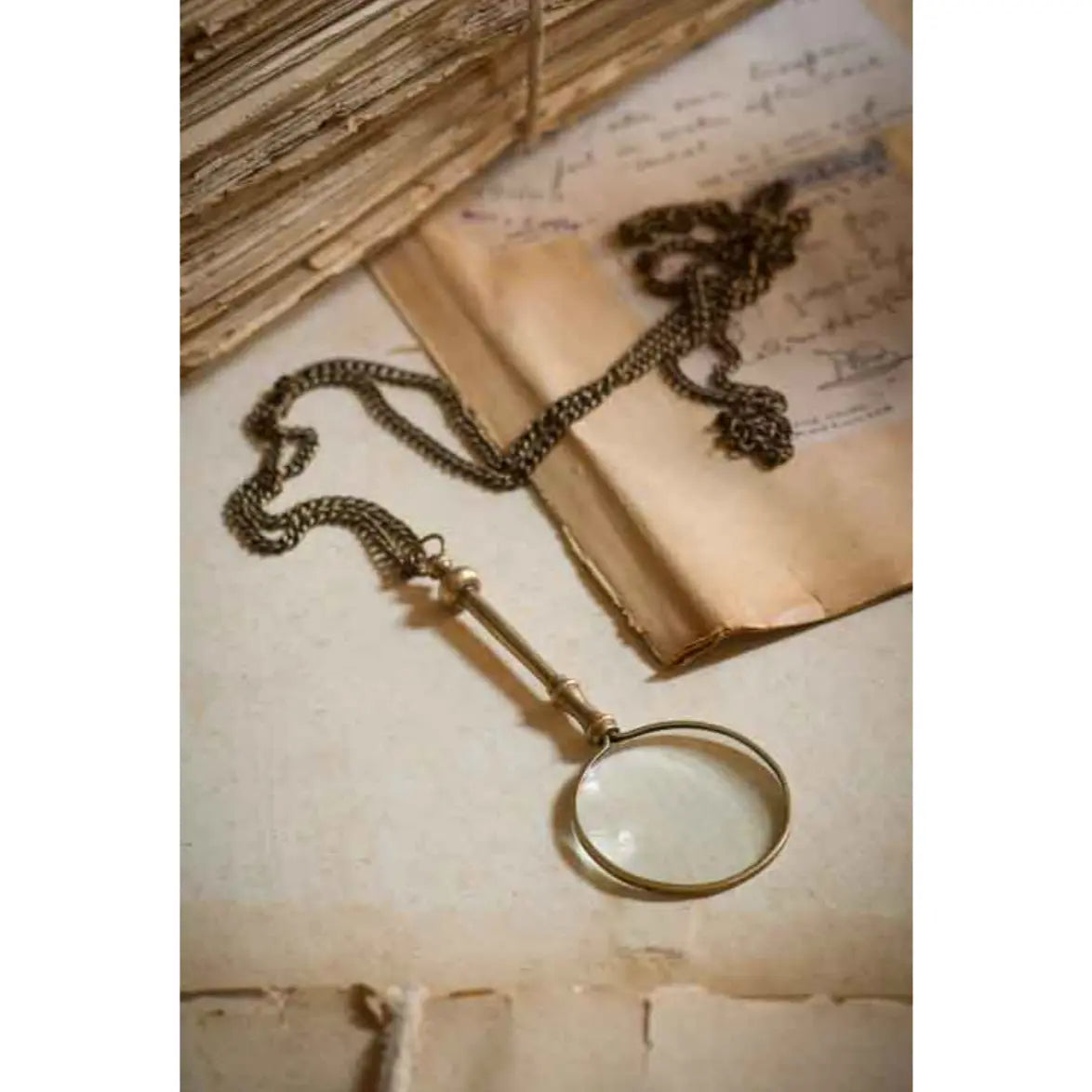 Home Smith Antiqued Brass Magnifying Glass with Chain Vagabond Vintage Decorative Object