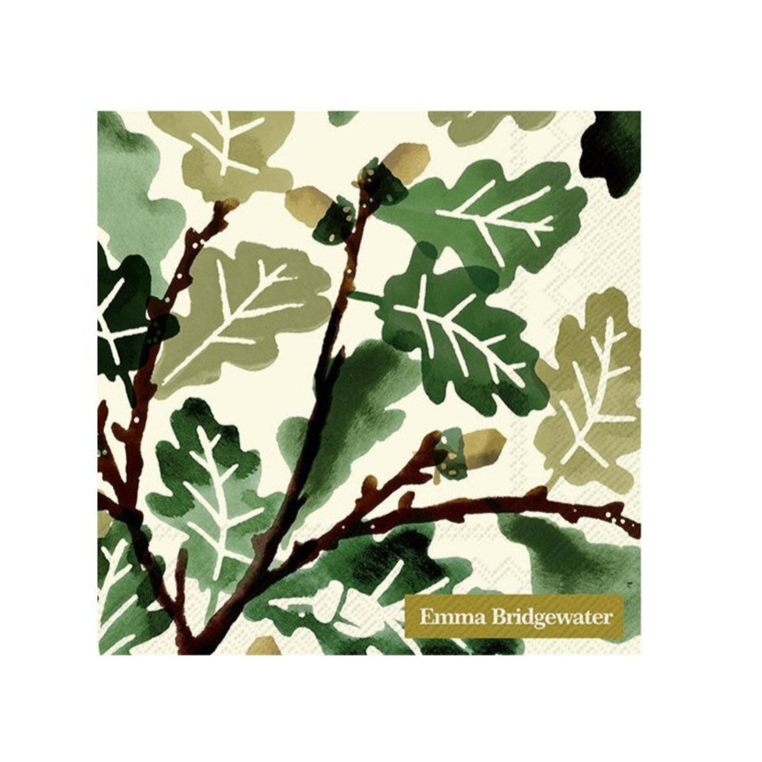 Paper napkin with green leaf pattern and 'Emma Bridgewater' branding on a white background
