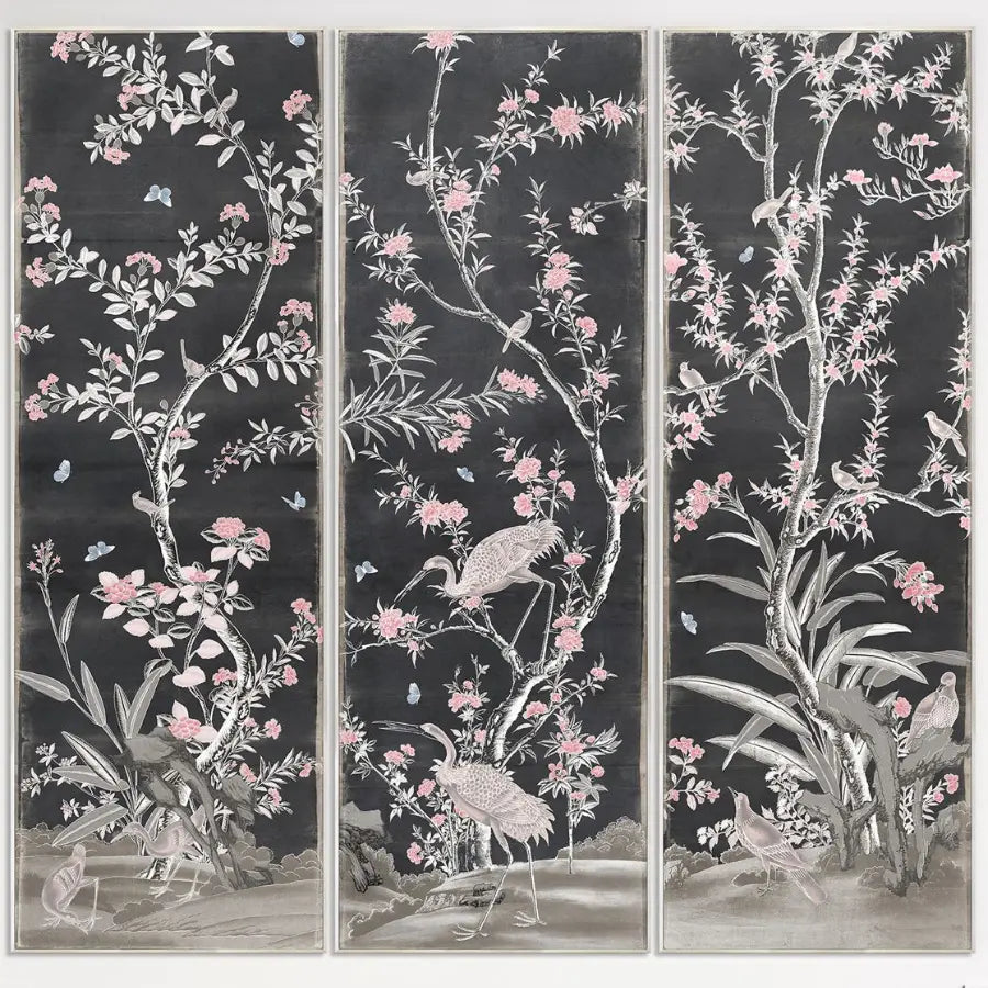 Chinoiserie Panels C. 1890 in Charcoal - Gallery Wrap - Home Smith