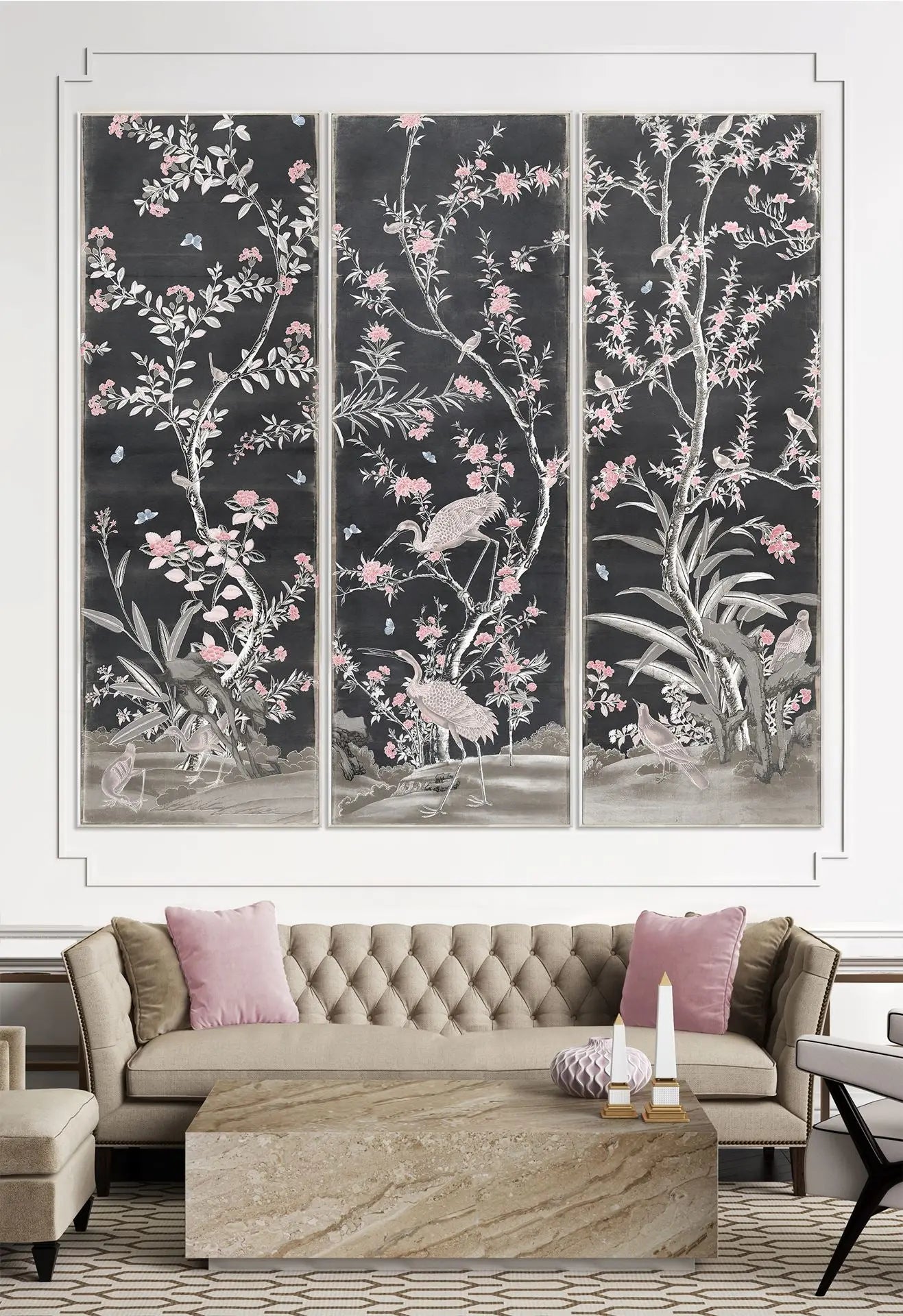 Chinoiserie Panels C. 1890 in Charcoal - Large Framed Prints - Home Smith