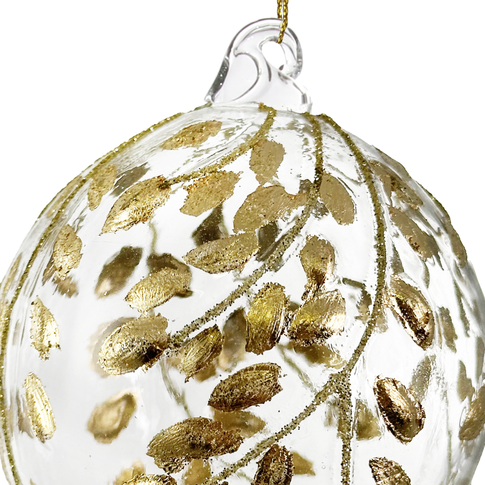 Clear Glass Ornament with Gold Glitter Leaves at Home Smith