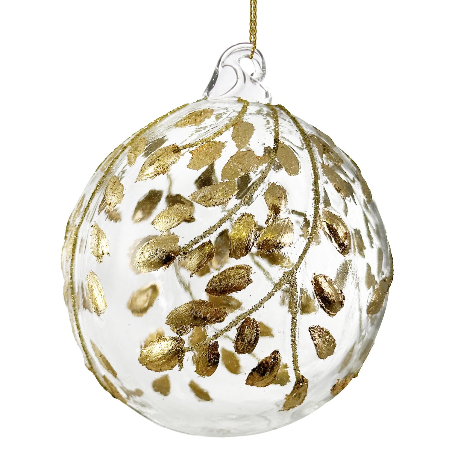 Clear Glass Ornament with Gold Glitter Leaves at Home Smith