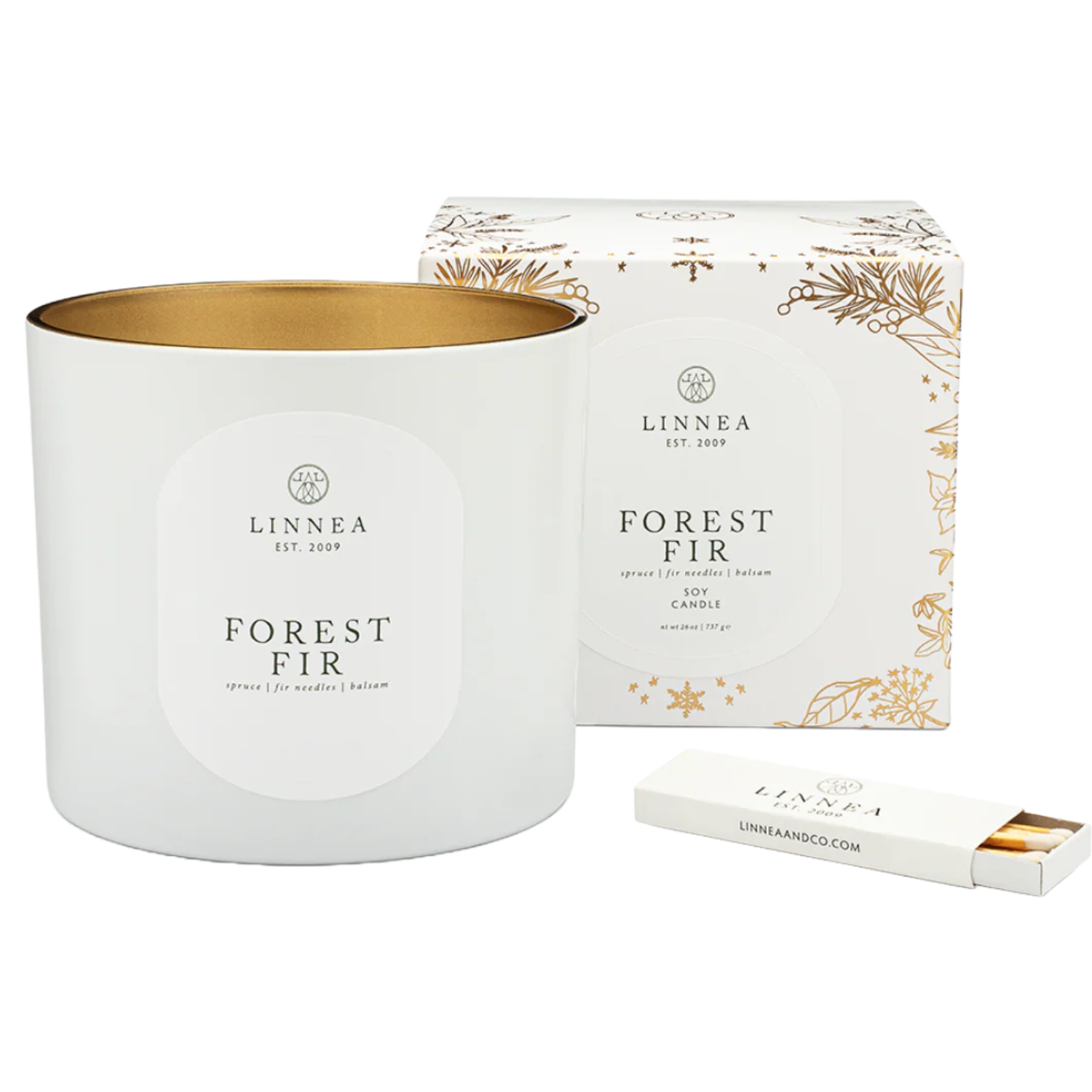 LINNEA Forest Fir candle and packaging on a white background