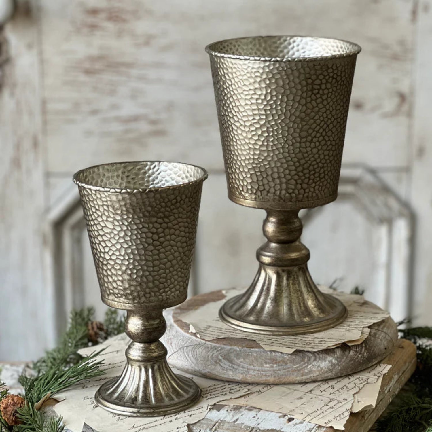 Two metallic goblets on a rustic wooden surface with a textured wall background.
