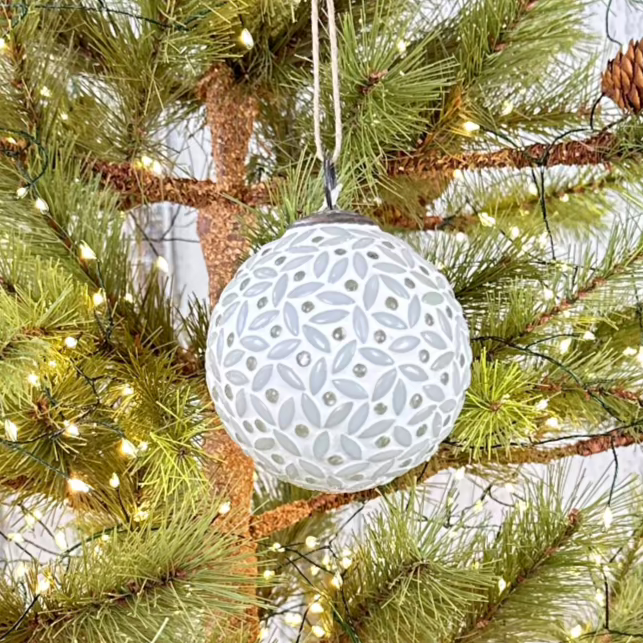 White glass ball ornament with mosaic design at Home Smith