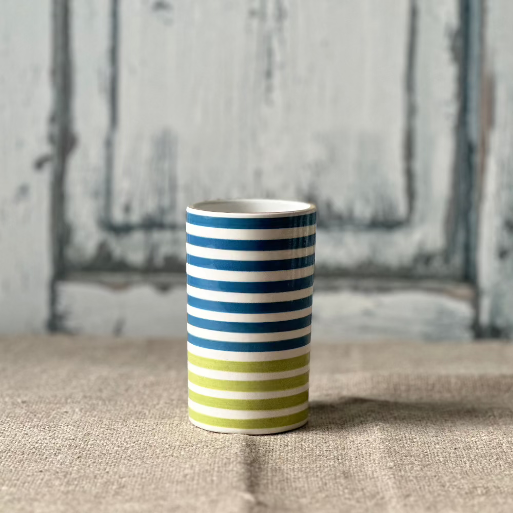 Jill Rosenwald Small Stripe Skinny Vase in Stormy/Pear at Home Smith