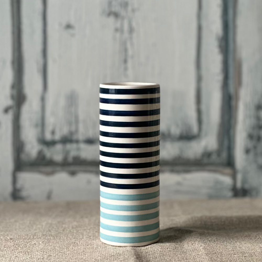 Jill Rosenwald Large Stripe Skinny Vase in Prussian/Cadet at Home Smith