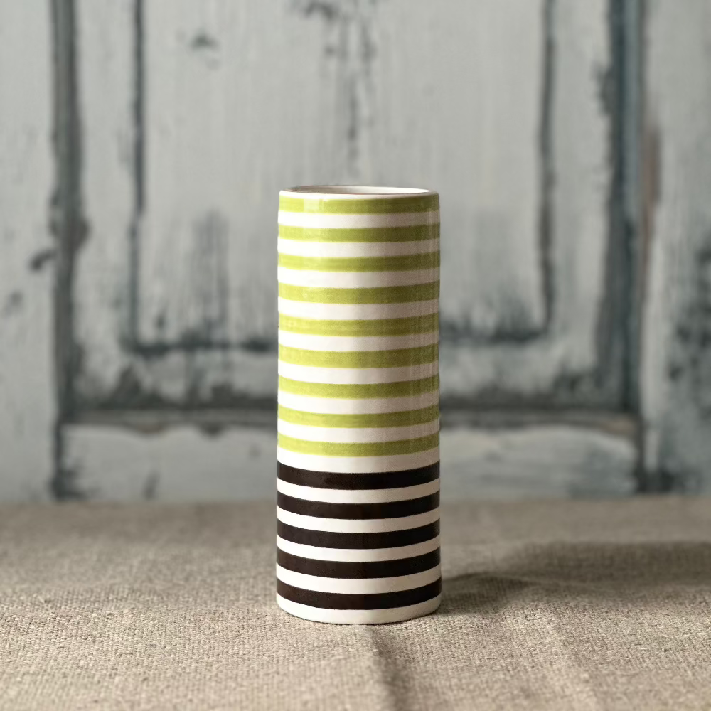 Jill Rosenwald Large Stripe Skinny Vase in Pear/Chocolate at Home Smith