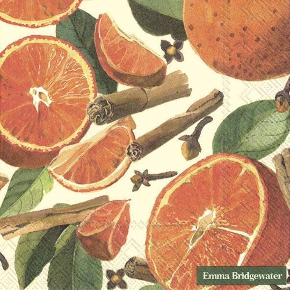Pattern of sliced oranges, cinnamon sticks, and cloves on a textured background with 'Emma Bridgewater' branding.
