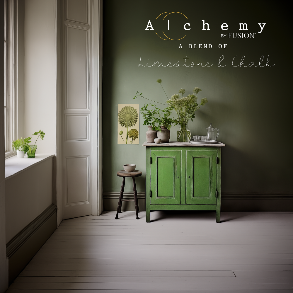 Alchemy Limestone and Chalk Furniture Paint by Fusion in Moss at Home Smith 