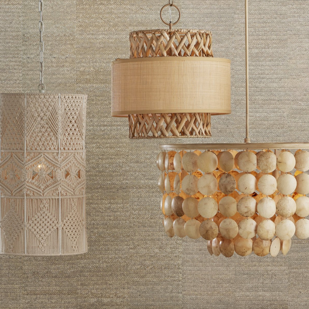 Isola Grasscloth pendants with other textural lighting at Home Smith