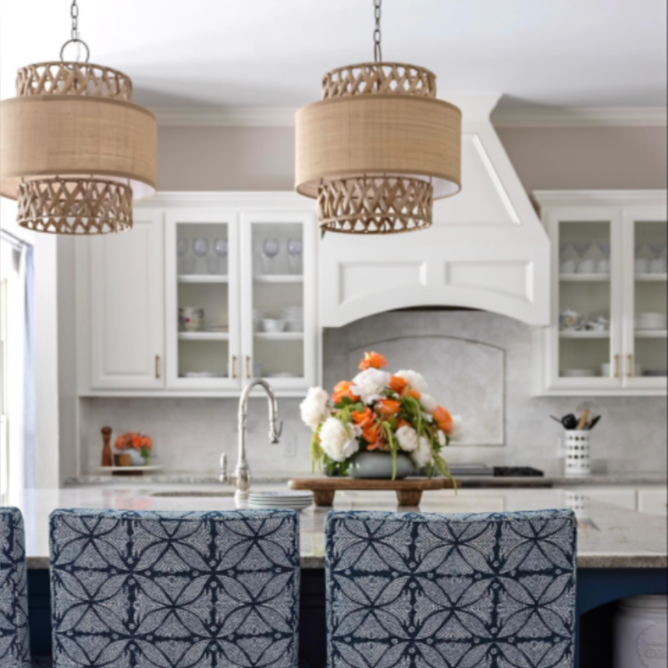 Isola Grasscloth pendants over kitchen island at Home Smith 