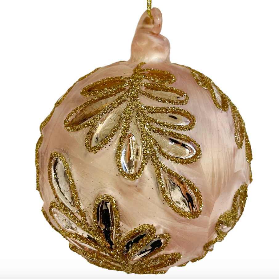 Glass ball ornament with moulded pink silver leaf at Home Smith