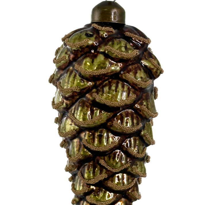 Brown and green beaded pinecone glass ornament at Home Smith 