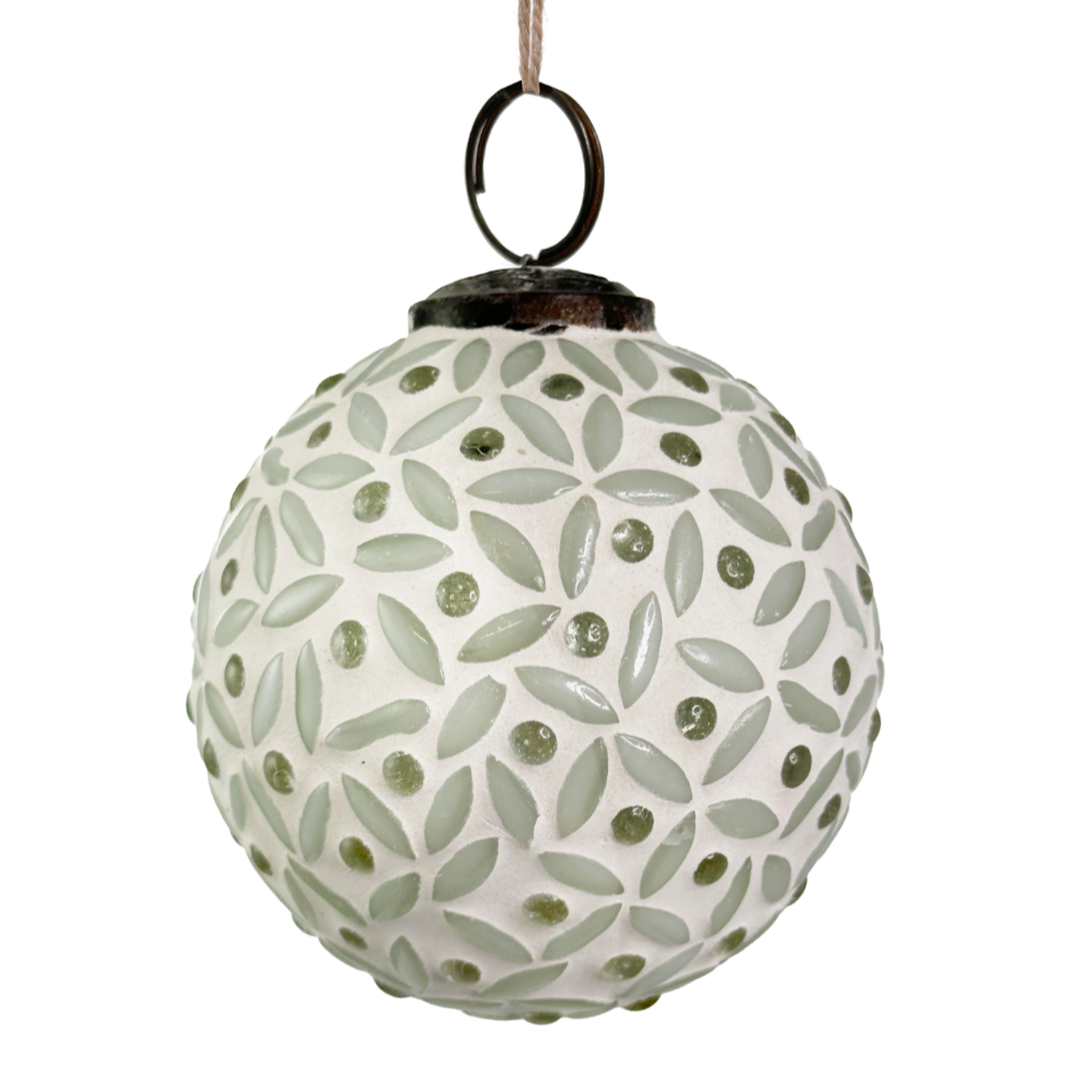 White glass ball ornament with mosaic design at Home Smith