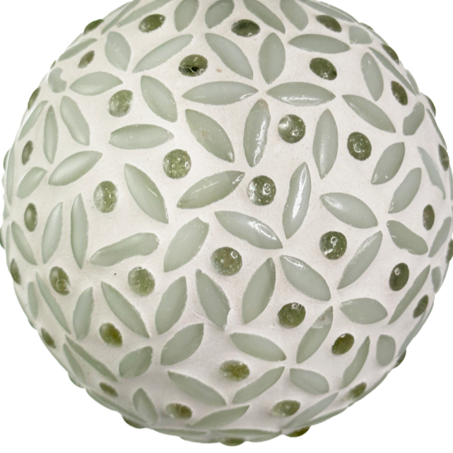 Detail of white glass ball ornament with mosaic design at Home Smith 