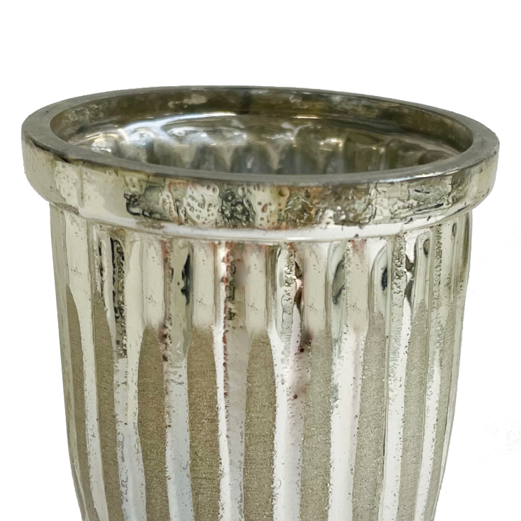 Detail of hurricane ribbed glass silver tea light candle holder at Home Smith