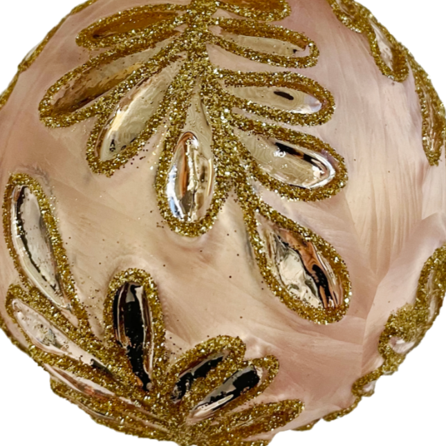 Detail of glass ball ornament with moulded silver pink leaf at Home Smith