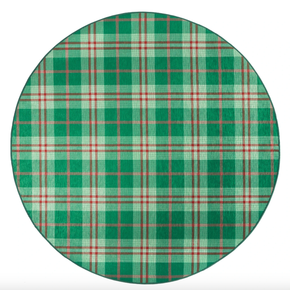 Jolly Plaid Green Machine Washable Dash and Albert Round Rug at Home Smith