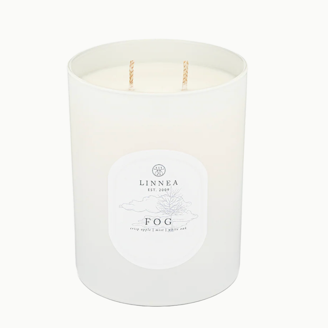 White candle with 'LINNEA' branding on a white background