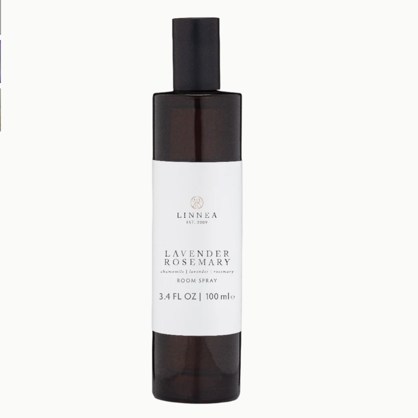 Room spray bottle labeled 'Lavender Rosemary' by Linnea on a white background