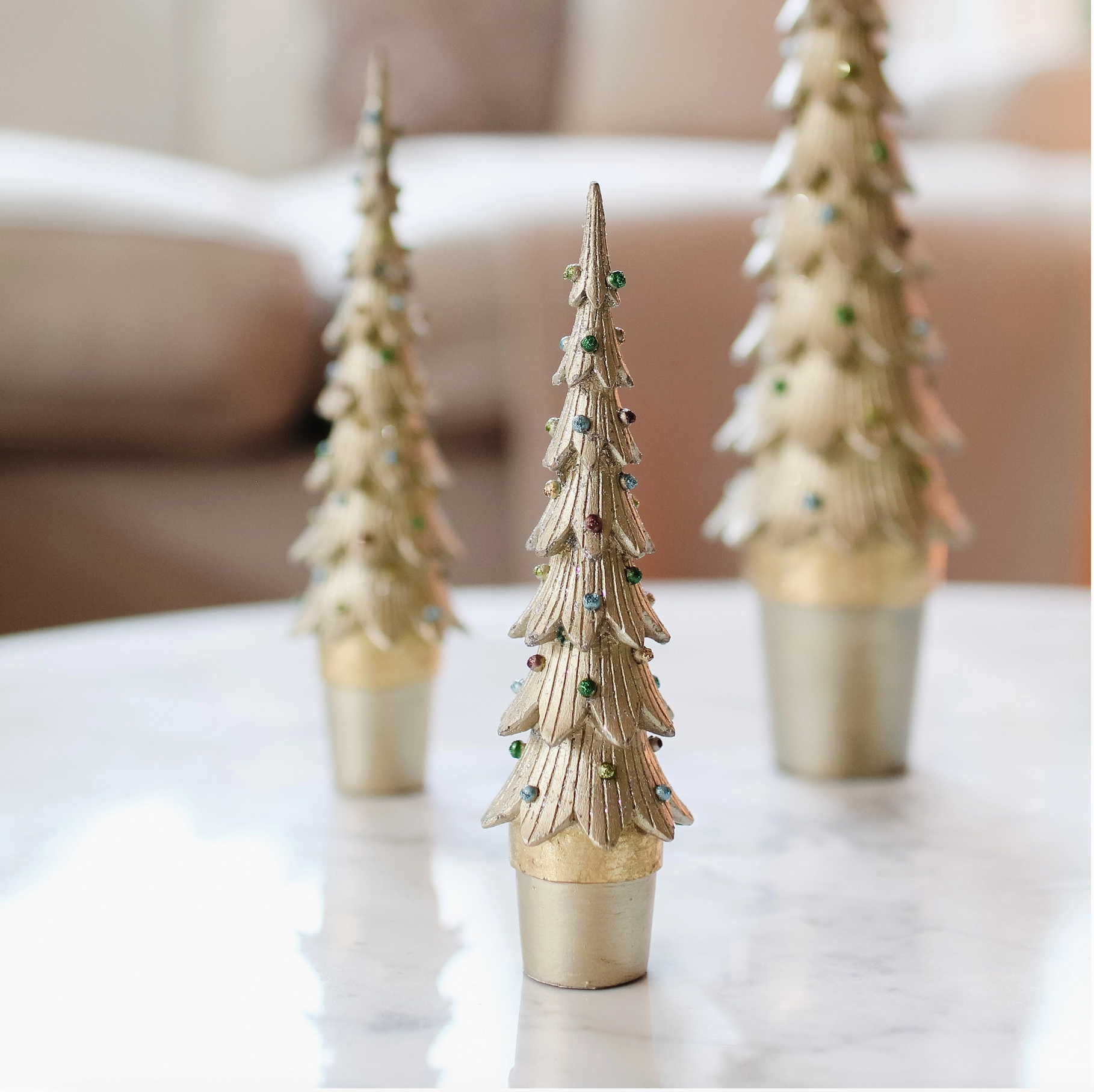 Hand Painted Decorative Slim Tannenbaum Trees in Mystik Champagne