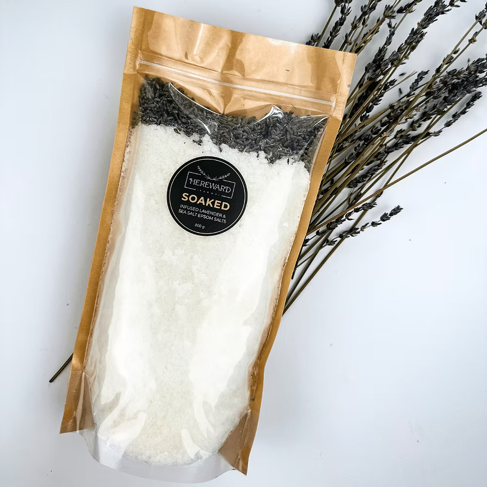 Soaked Hereward Farms Lavender Infused Bath Salts at Home Smith