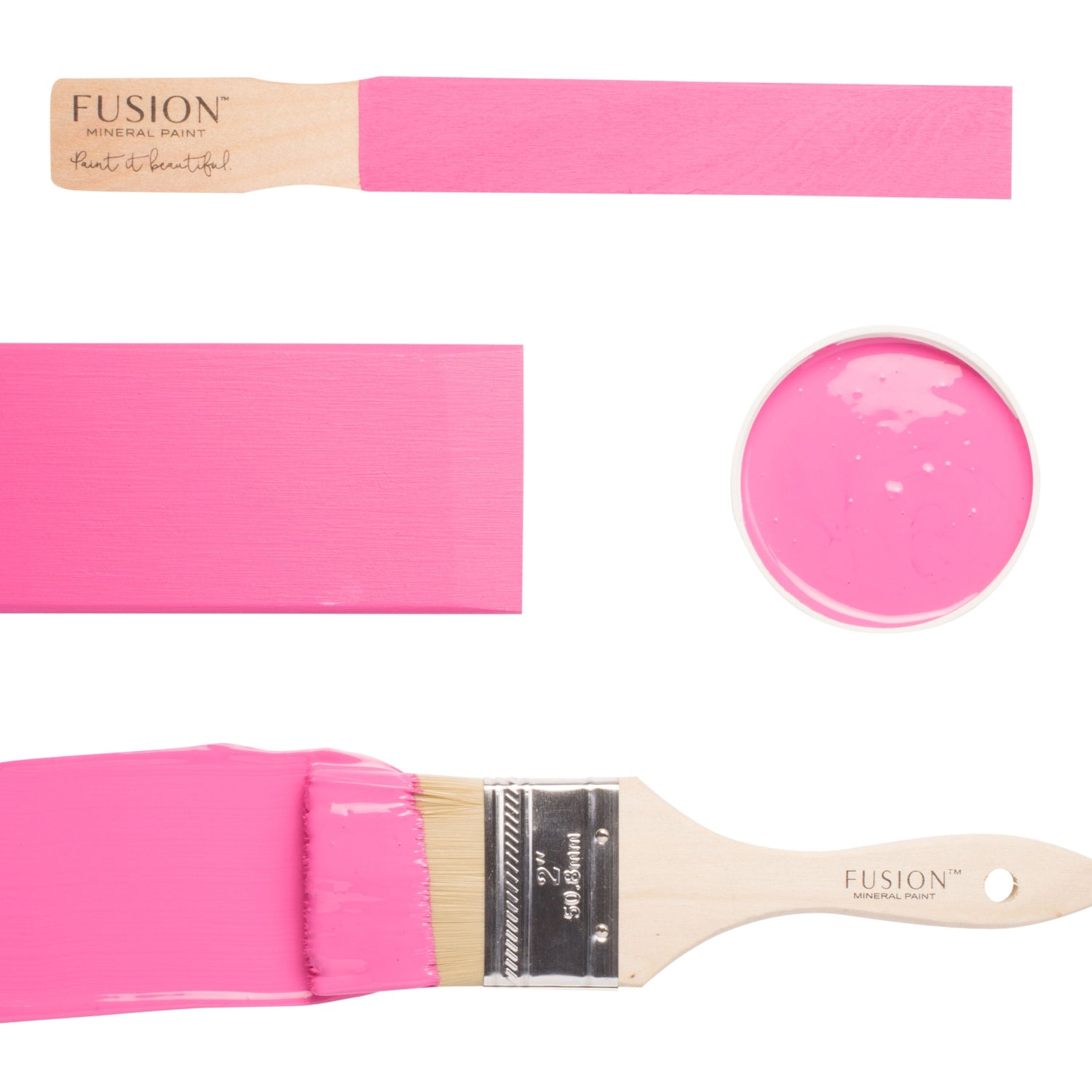 Fusion Curiously Pink paint swatch on a brush, color sample, and bottle cap on a white background.