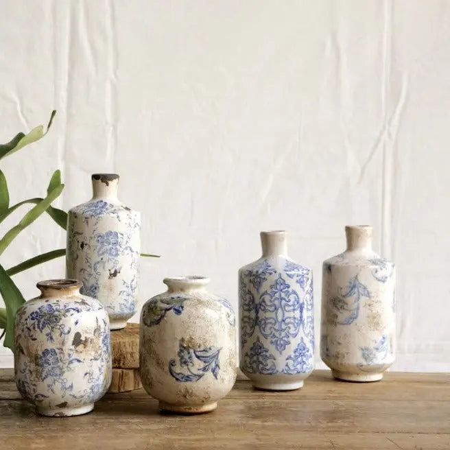 Terra Cotta Transferware Blue and White Vases Tall - Home Smith