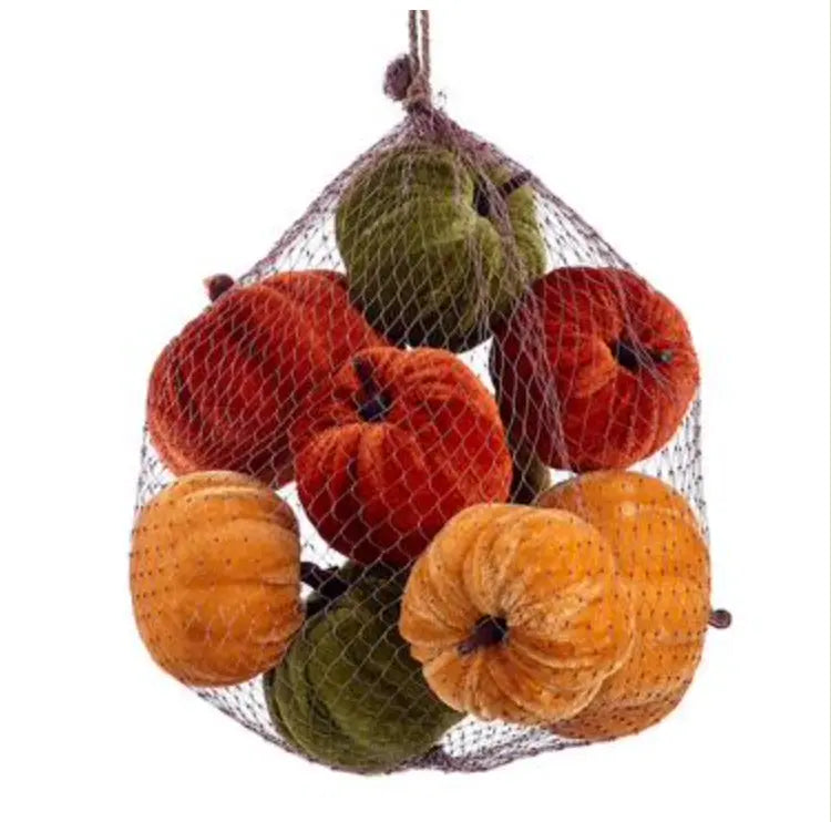 Home Smith Velvet Mini Pumpkins in Orange and Green - Bag of 9 Allstate Floral Succulents, Spheres & Fruit