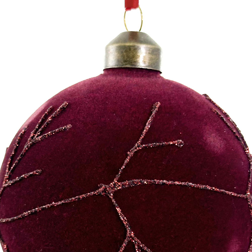 Velvet Burgundy Glass Ornament with Glitter Branches at Home Smith