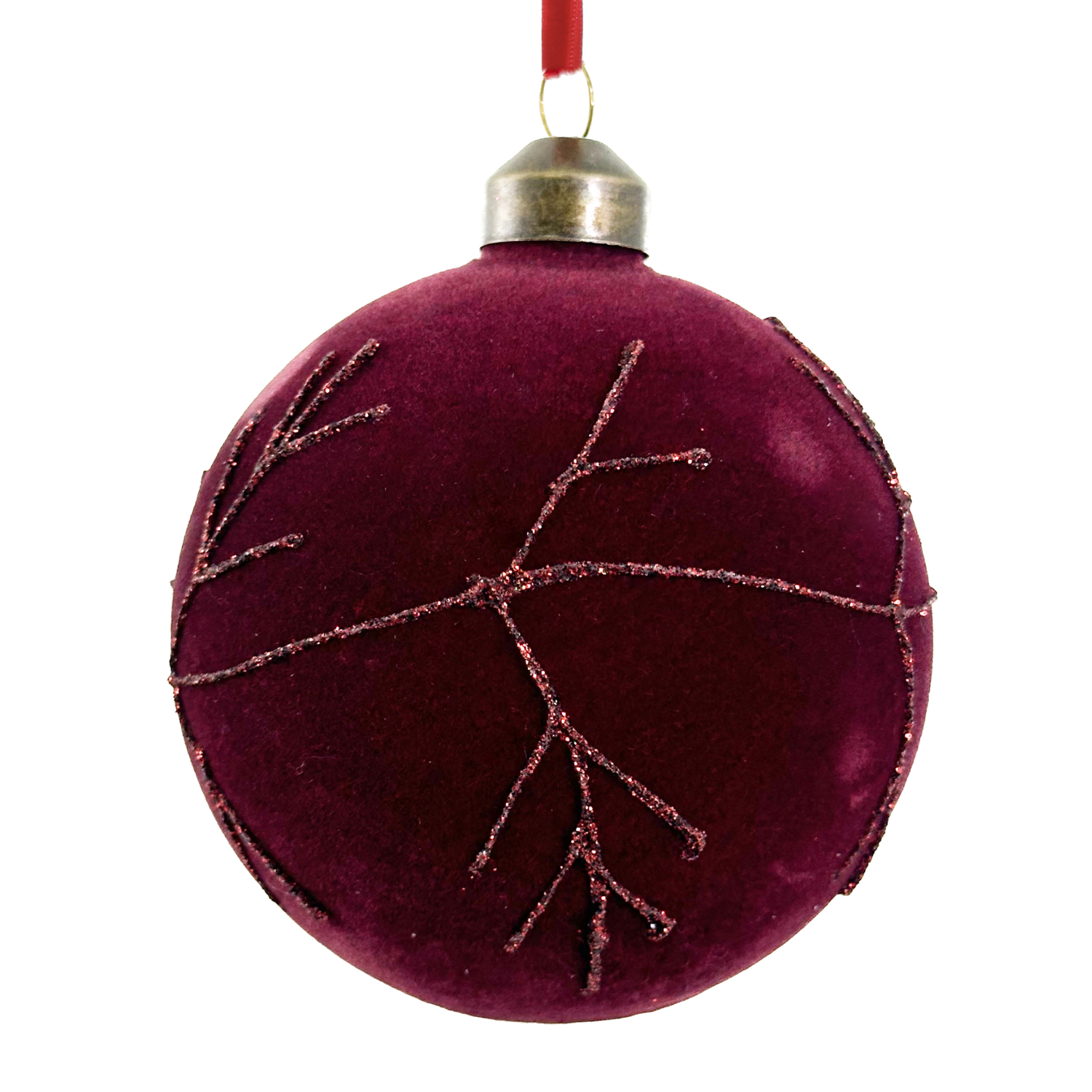 Velvet Burgundy Glass Ornament with Glitter Branches at Home Smith