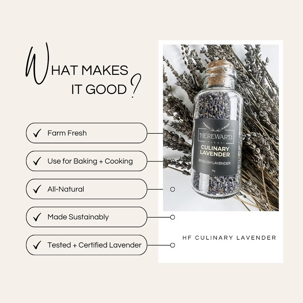 Bottle of culinary lavender with text highlighting its qualities on a light background
