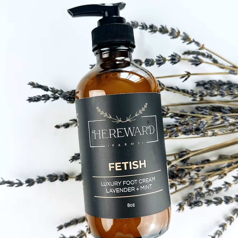 Hereward Farms Fetish Luxury Foot Cream bottle with lavender on a white background