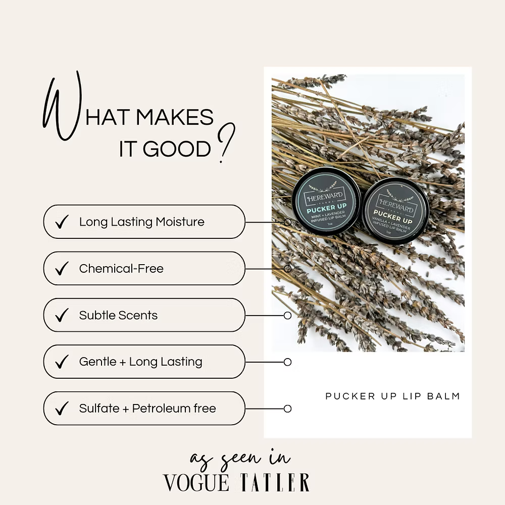 Lip balm packaging with lavender on a light background, featuring text about product benefits.