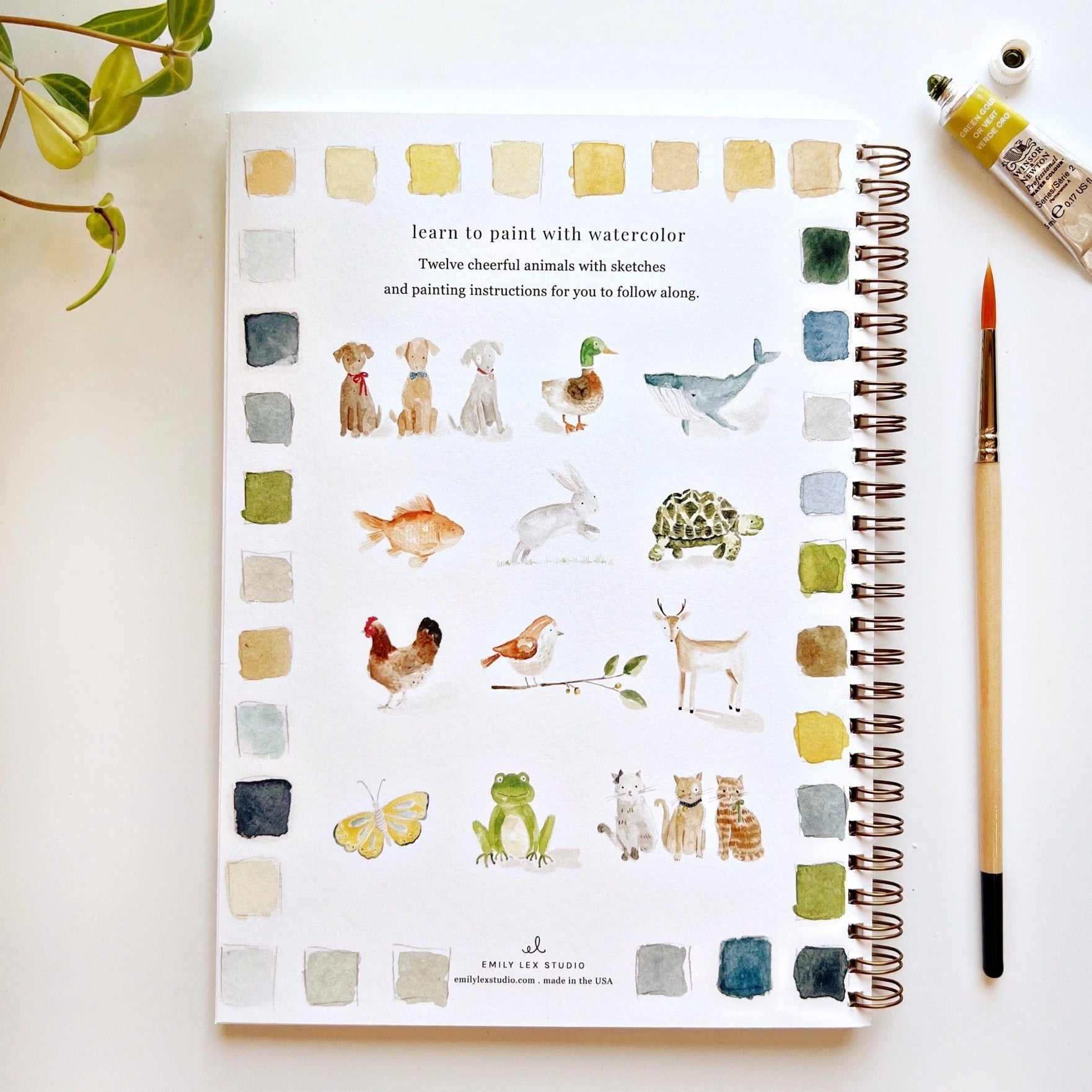 Artistic coloring book with watercolor animals and color swatches on a white surface.
